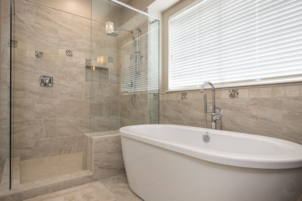 bright bathroom with glass reflection