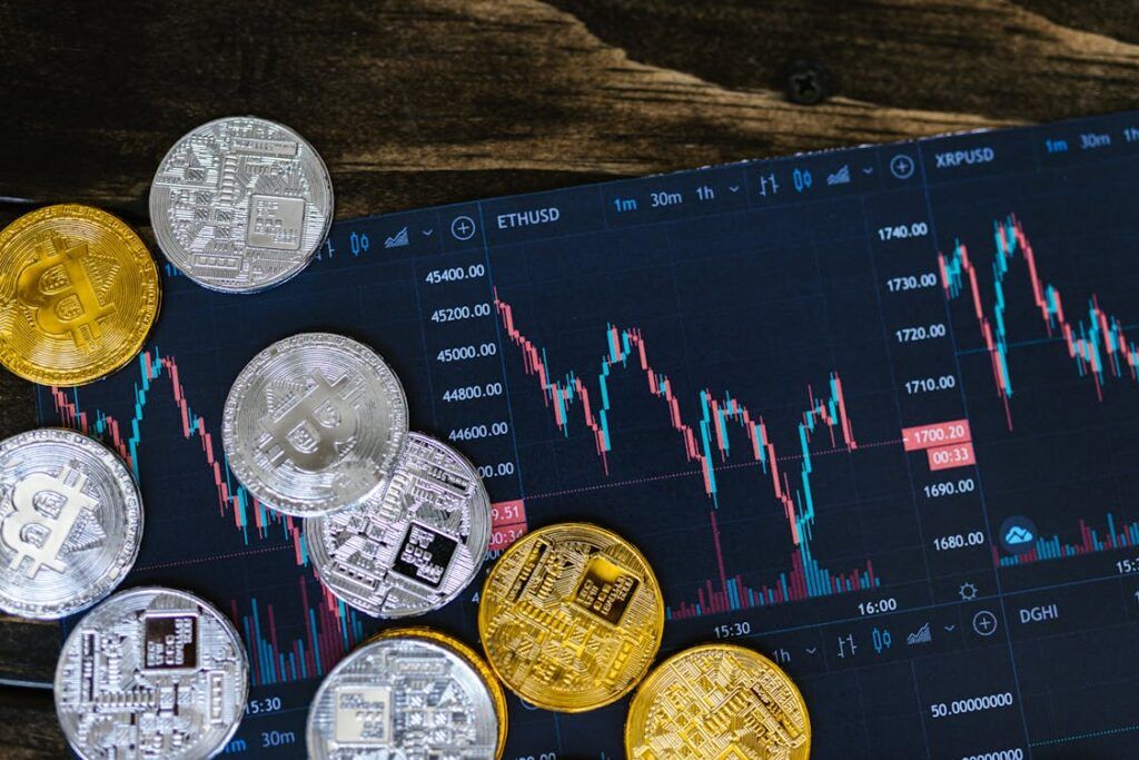 close-up of coins and charts