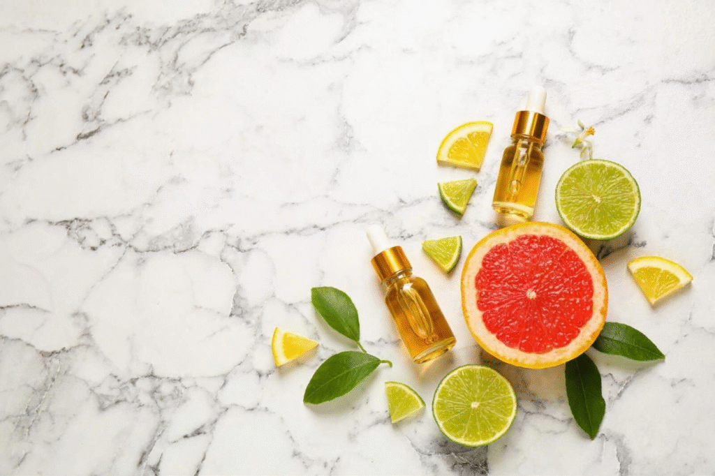lemon and essential oils flatlay