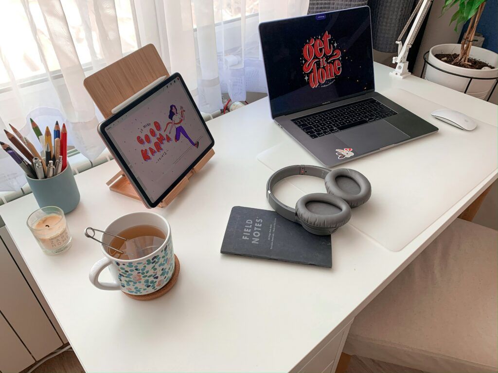 workspace with coffee and notebook