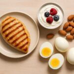 protein snacks flatlay (nuts, yogurt, eggs, chicken)