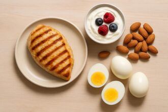 protein snacks flatlay (nuts, yogurt, eggs, chicken)