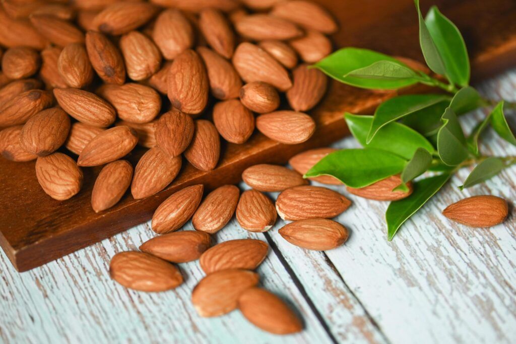 almonds on wooden table