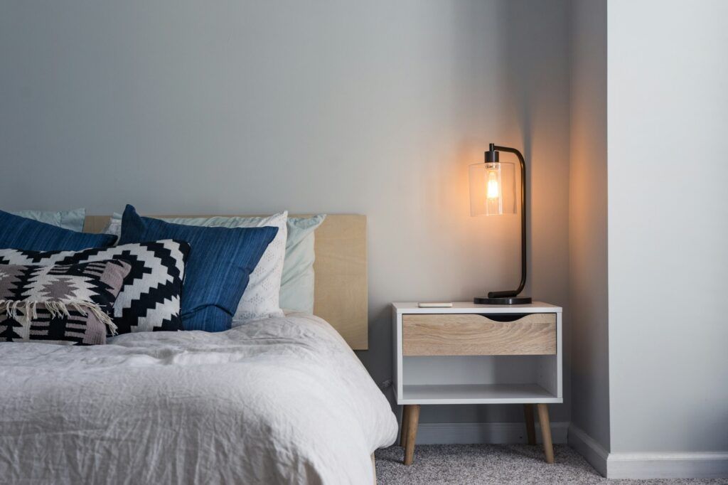 nightstand with single lamp and plant