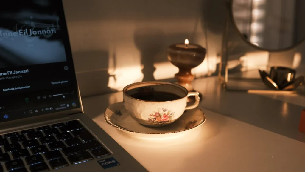 cozy nighttime setup with tea